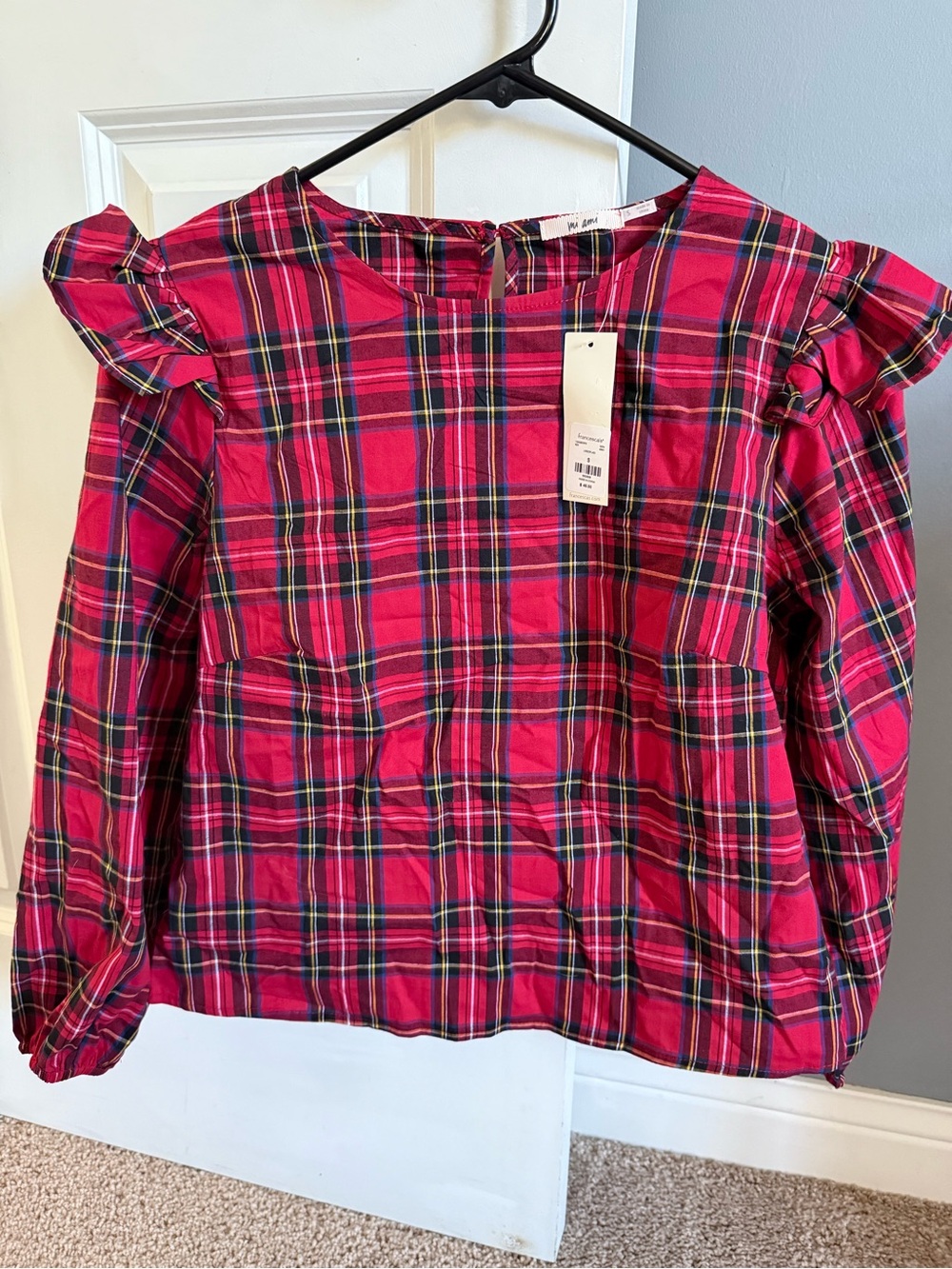 Plaid Ruffle-Sleeve Top in Red